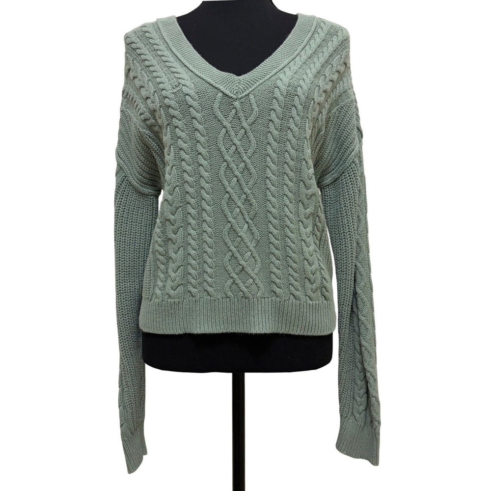 Aeropostale Cropped Cable Knit Sweater Sage Green Small V-Neck Preppy Cottage